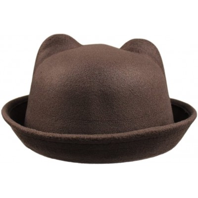 Fedoras Women's Candy Color Wool Rool Up Bowler Derby Cap Cat Ear Hat - Coffee - C312O2RC190 $8.87