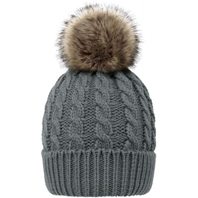 Skullies & Beanies Women's Winter Soft Knit Beanie Hat with Faux Fur Pom Pom - Fleece Lined_grey - C318S8W3UMS $15.93
