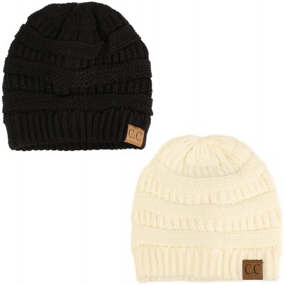 Skullies & Beanies Fleeced Fuzzy Lined Unisex Chunky Thick Warm Stretchy Beanie Hat Cap - Black/Ivory 2 Pack Combo - CD1924AM...