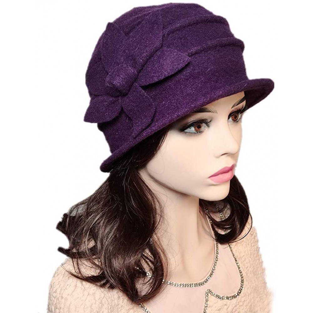 Bucket Hats Flower 100% Wool Dome Bucket Hat Winter Cloche Hat Fedoras Derby Hat - Purple - CF1895XQ8KD $11.58