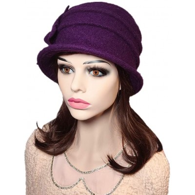 Bucket Hats Flower 100% Wool Dome Bucket Hat Winter Cloche Hat Fedoras Derby Hat - Purple - CF1895XQ8KD $11.58