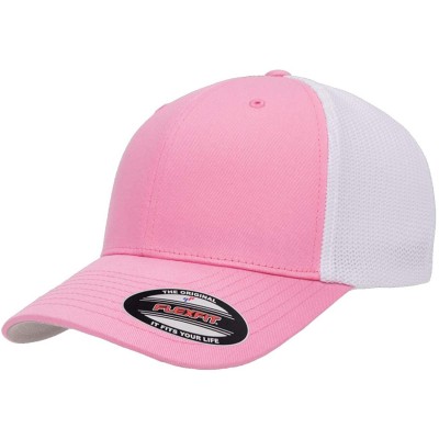 Baseball Caps The Original Flexfit Yupoong Mesh Trucker Hat Cap & 2-Tone - Pink/White - C811LP4RHMB $27.57