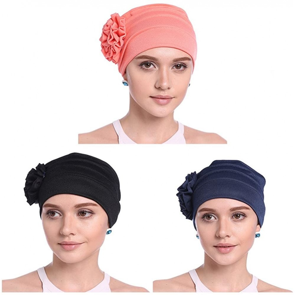 Skullies & Beanies Women Chemo Cap Turban Headwear Sleep Hat with Elegant Side Flower Pleated Skull Caps - Wine Red Pack of 3...