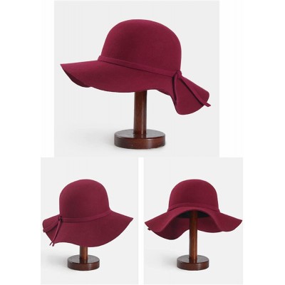 Sun Hats Women's Floppy Hat Fedora Hat with Wide Brim Warm Vintage Bowknot Felt Hat - Wine Red - CQ188A8N5IU $12.66