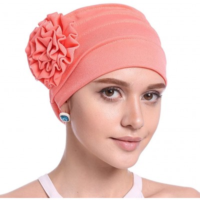 Skullies & Beanies Women Chemo Cap Turban Headwear Sleep Hat with Elegant Side Flower Pleated Skull Caps - Wine Red Pack of 3...