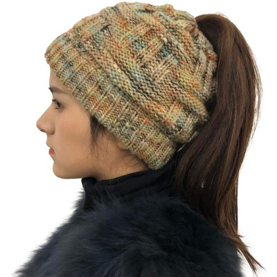 Skullies & Beanies Bun Beaines for Women Soft Stretch Cable Knit Messy High Bun Ponytail Beanie Hat - Color-khaki - CI18YRK0L...