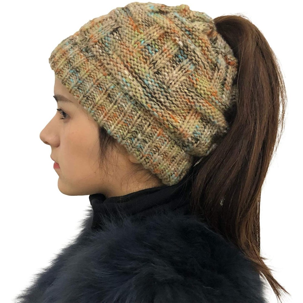 Skullies & Beanies Bun Beaines for Women Soft Stretch Cable Knit Messy High Bun Ponytail Beanie Hat - Color-khaki - CI18YRK0L...