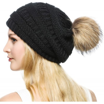 Skullies & Beanies Knit Hat for Womens Girls Fleece Winter Slouchy Beanie Hat with Real Raccon Fox Fur Pom Pom - Slouch Black...