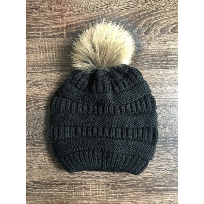 Skullies & Beanies Knit Hat for Womens Girls Fleece Winter Slouchy Beanie Hat with Real Raccon Fox Fur Pom Pom - Slouch Black...