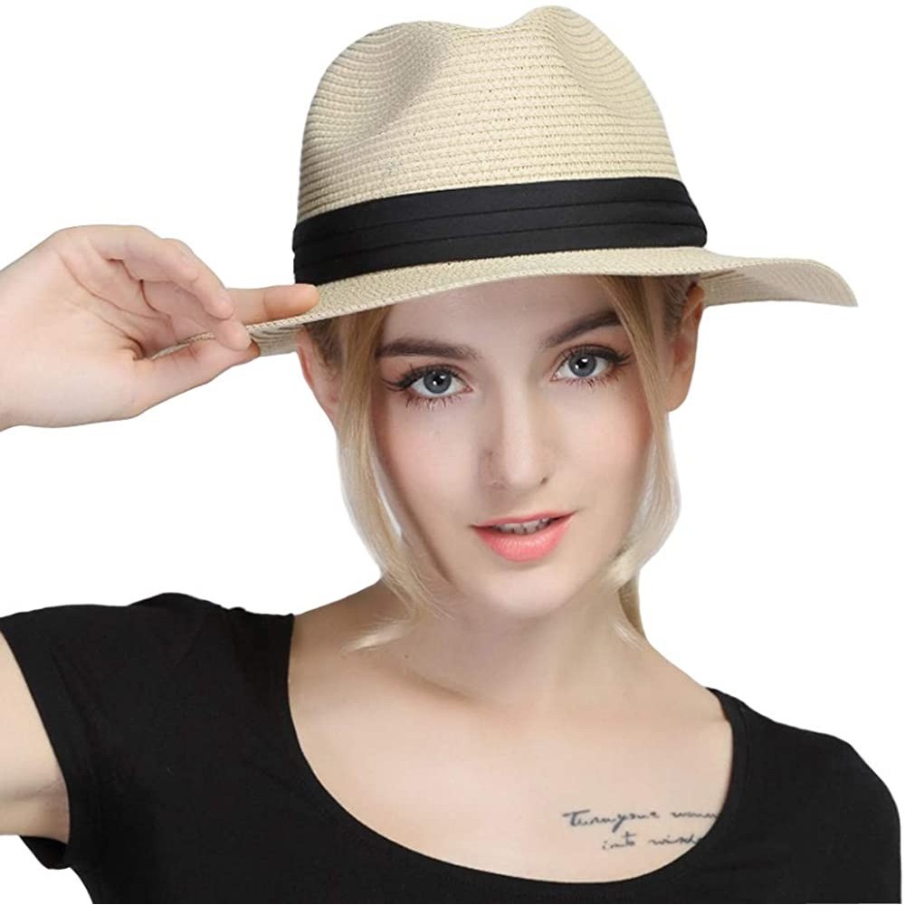 Fedoras Women Panama Straw Sun Hat Foldable Wide Brim Fedora Beach Sun Caps - Beige - CV18SUI23GH $11.91