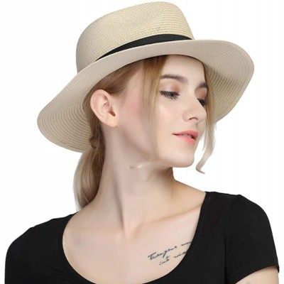 Fedoras Women Panama Straw Sun Hat Foldable Wide Brim Fedora Beach Sun Caps - Beige - CV18SUI23GH $11.91