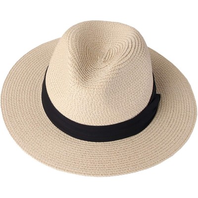 Fedoras Women Panama Straw Sun Hat Foldable Wide Brim Fedora Beach Sun Caps - Beige - CV18SUI23GH $11.91