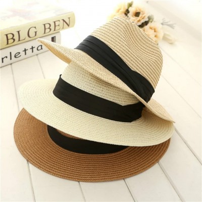 Fedoras Women Panama Straw Sun Hat Foldable Wide Brim Fedora Beach Sun Caps - Beige - CV18SUI23GH $11.91