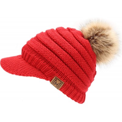 Skullies & Beanies Women's Soft Warm Ribbed Knit Visor Brim Pom Pom Beanie Hat with Plush Lining - Red - CZ18WITUUMO $26.80