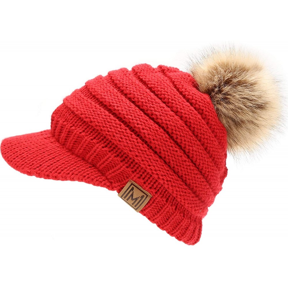 Skullies & Beanies Women's Soft Warm Ribbed Knit Visor Brim Pom Pom Beanie Hat with Plush Lining - Red - CZ18WITUUMO $16.36