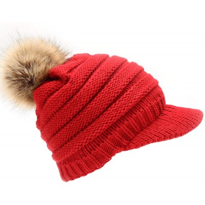 Skullies & Beanies Women's Soft Warm Ribbed Knit Visor Brim Pom Pom Beanie Hat with Plush Lining - Red - CZ18WITUUMO $16.36