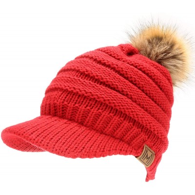 Skullies & Beanies Women's Soft Warm Ribbed Knit Visor Brim Pom Pom Beanie Hat with Plush Lining - Red - CZ18WITUUMO $16.36