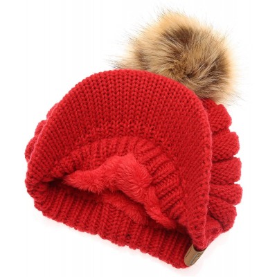 Skullies & Beanies Women's Soft Warm Ribbed Knit Visor Brim Pom Pom Beanie Hat with Plush Lining - Red - CZ18WITUUMO $16.36