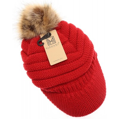 Skullies & Beanies Women's Soft Warm Ribbed Knit Visor Brim Pom Pom Beanie Hat with Plush Lining - Red - CZ18WITUUMO $16.36