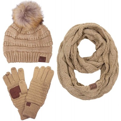 Skullies & Beanies 3pc Set Trendy Warm Chunky Soft Stretch Cable Knit Pom Pom Beanie- Scarves and Gloves Set - Metallic Gold ...