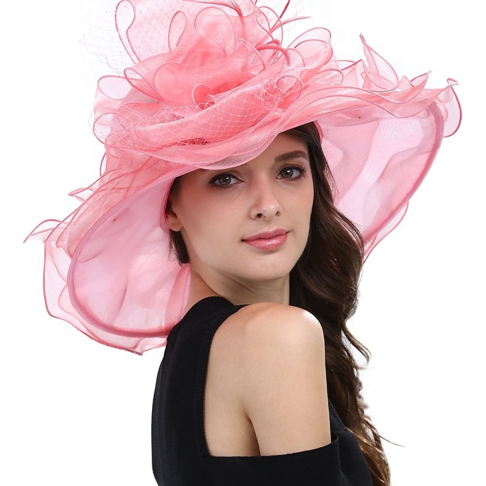 Sun Hats Women's Feathers Floral Fascinating Kentucky Church Wedding Party Floppy Hat - Pink - CW17YSDIO6N $18.52