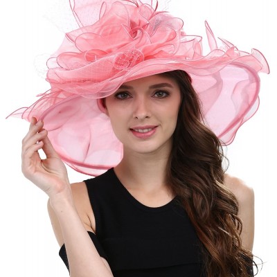 Sun Hats Women's Feathers Floral Fascinating Kentucky Church Wedding Party Floppy Hat - Pink - CW17YSDIO6N $18.52