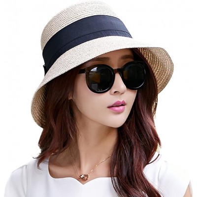 Bucket Hats Packable UPF Straw Sunhat Women Summer Beach Wide Brim Fedora Travel Hat 54-59CM - 69087_beige3 - CG18RT726ZI $22.84