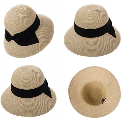 Bucket Hats Packable UPF Straw Sunhat Women Summer Beach Wide Brim Fedora Travel Hat 54-59CM - 69087_beige3 - CG18RT726ZI $22.84