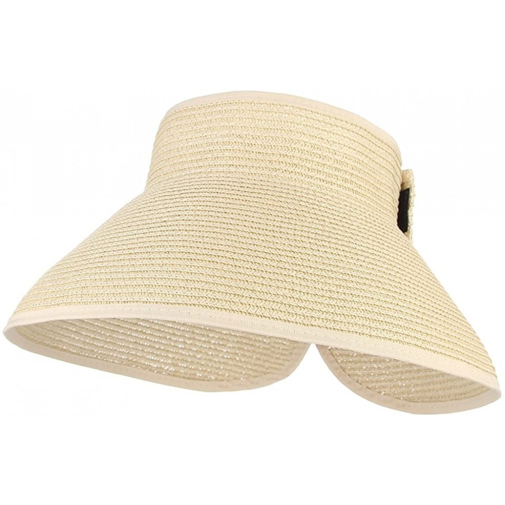 Sun Hats Women Foldable Wide Brim Straw Sun Visor Outdoor UV Proof Roll-up Open Top Hat - Beige - C818EIQA3W6 $12.71