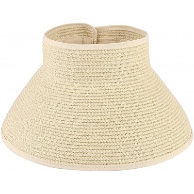 Sun Hats Women Foldable Wide Brim Straw Sun Visor Outdoor UV Proof Roll-up Open Top Hat - Beige - C818EIQA3W6 $12.71