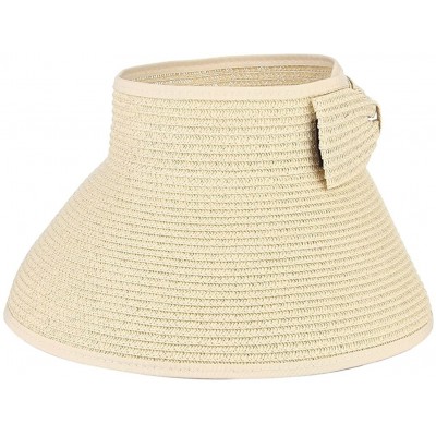 Sun Hats Women Foldable Wide Brim Straw Sun Visor Outdoor UV Proof Roll-up Open Top Hat - Beige - C818EIQA3W6 $12.71