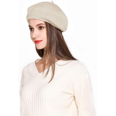 Berets Wool Beret Hat Solid Color French Artist Beret Skily Scarf Brooch - Beige - CL18CO8EKDN $12.01