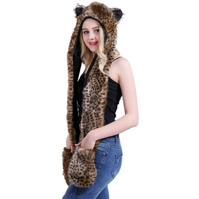 Bomber Hats Animal Hood Faux Fur Hat with Scarfs Mittens Ears and Paws 3 in 1 Soft Warm Winter Headwear - Leopard - C118KLAO8...