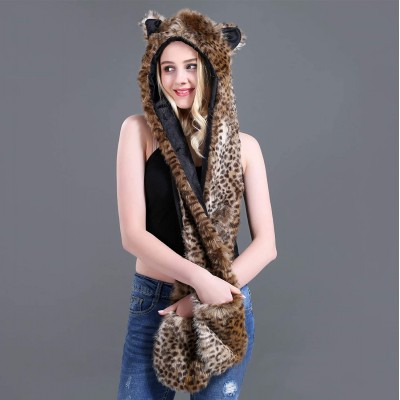 Bomber Hats Animal Hood Faux Fur Hat with Scarfs Mittens Ears and Paws 3 in 1 Soft Warm Winter Headwear - Leopard - C118KLAO8...