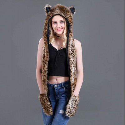 Bomber Hats Animal Hood Faux Fur Hat with Scarfs Mittens Ears and Paws 3 in 1 Soft Warm Winter Headwear - Leopard - C118KLAO8...