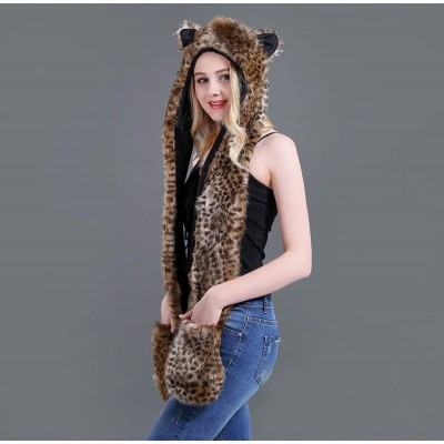 Bomber Hats Animal Hood Faux Fur Hat with Scarfs Mittens Ears and Paws 3 in 1 Soft Warm Winter Headwear - Leopard - C118KLAO8...