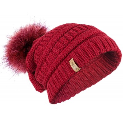Skullies & Beanies Ladies Textured Knit Beanie HAT with Detachable Faux Fur POM POM - Red - CK12KTD9X5R $9.94