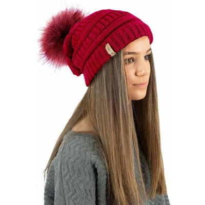 Skullies & Beanies Ladies Textured Knit Beanie HAT with Detachable Faux Fur POM POM - Red - CK12KTD9X5R $9.94