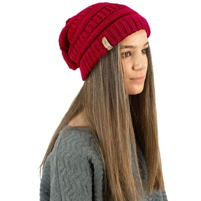 Skullies & Beanies Ladies Textured Knit Beanie HAT with Detachable Faux Fur POM POM - Red - CK12KTD9X5R $9.94