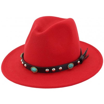 Fedoras Adult Wool Panama Hats Wide Brim Jazz Fedora Caps Turquoise Leather Band - Red - CR18H9XRN2O $12.46