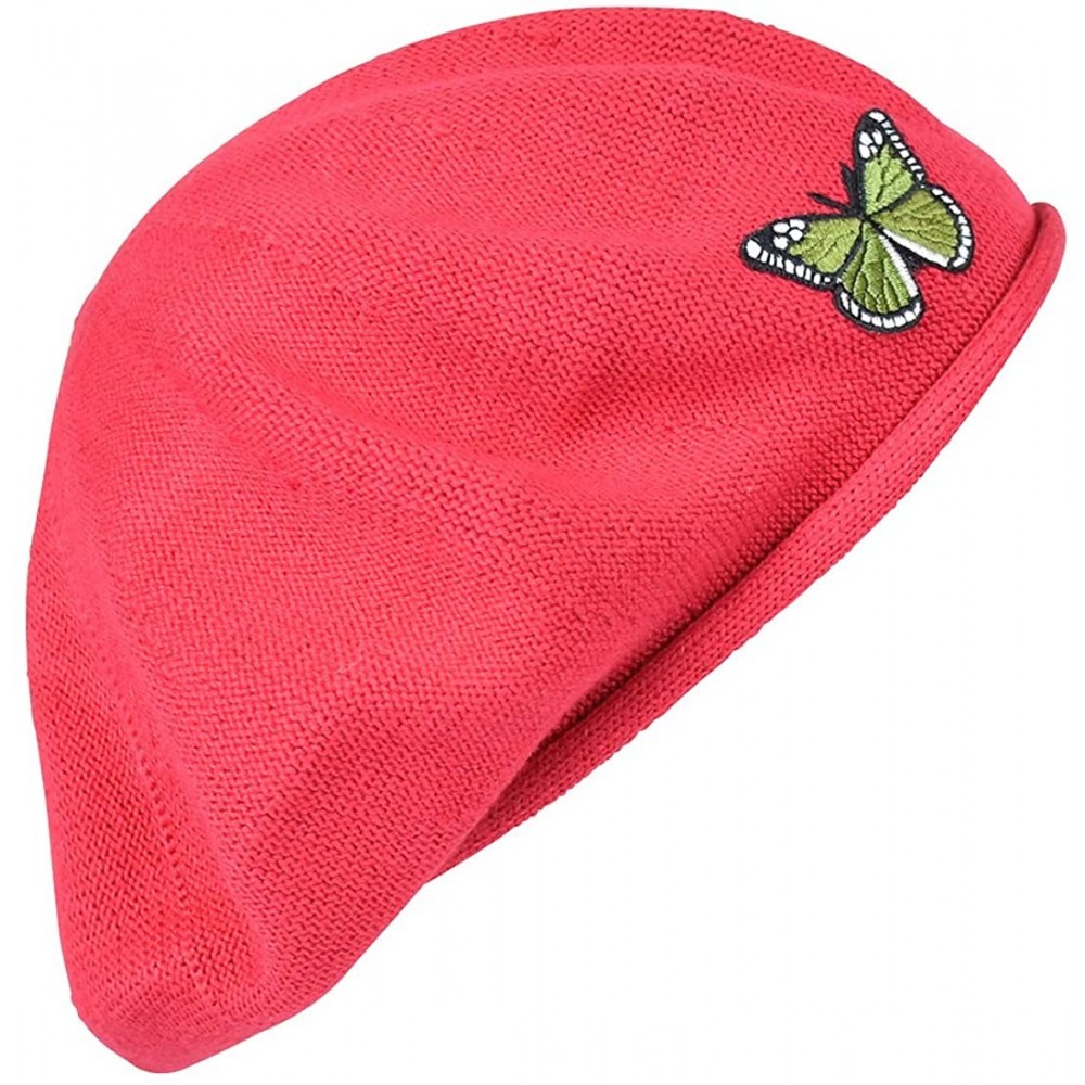 Berets Green Butterfly on Beret for Women 100% Cotton - Red - CT12JTNVAMB $45.26