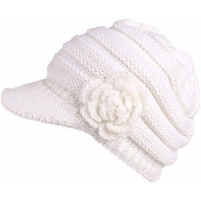 Berets Womens Winter Knitting Hat Flower Print Berets Turban Brim Hat Solid Color Cap - White - C418L0AAWZ0 $10.66