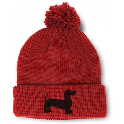 Skullies & Beanies Custom Pom Pom Beanie Dachshund Dog Black Silhouette Embroidery Acrylic - Red - CI18A3I05OI $15.98