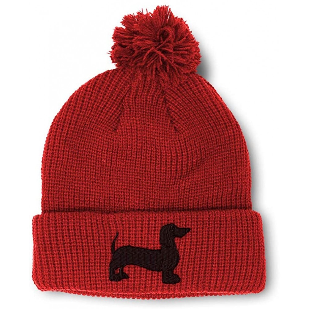 Skullies & Beanies Custom Pom Pom Beanie Dachshund Dog Black Silhouette Embroidery Acrylic - Red - CI18A3I05OI $15.98