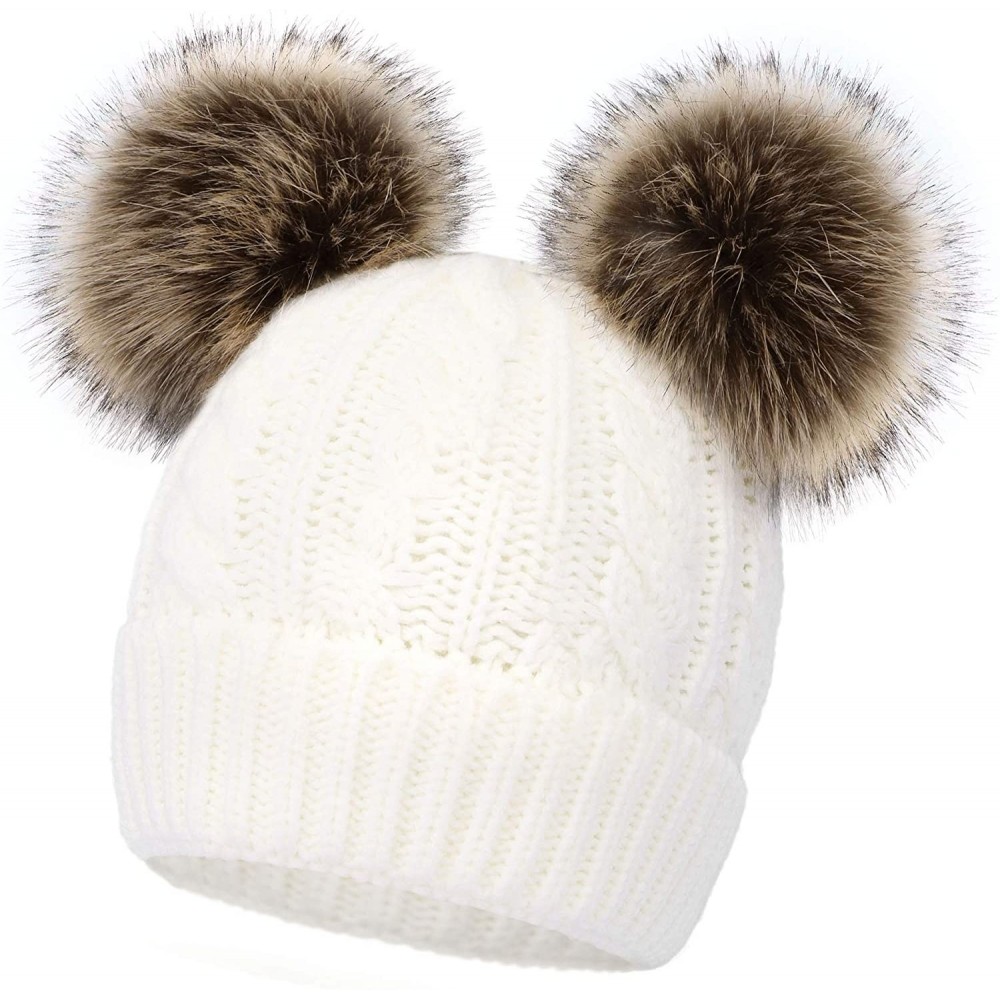 Skullies & Beanies Womens Beanie Winter Cable Knit Faux Fur Pompom Ears Beanie Hat - White Hat Coffee Ball - CI19240YR6D $15.60