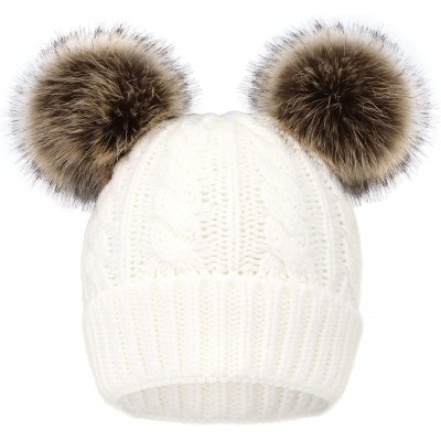 Skullies & Beanies Womens Beanie Winter Cable Knit Faux Fur Pompom Ears Beanie Hat - White Hat Coffee Ball - CI19240YR6D $15.60