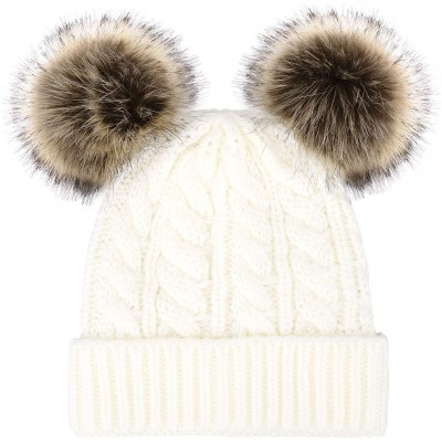 Skullies & Beanies Womens Beanie Winter Cable Knit Faux Fur Pompom Ears Beanie Hat - White Hat Coffee Ball - CI19240YR6D $15.60