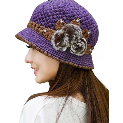 Skullies & Beanies Fashion Women Lady Winter Warm Crochet Knitted Flowers Decorated Ears Hat - Purple - CL186W24OAZ $11.11