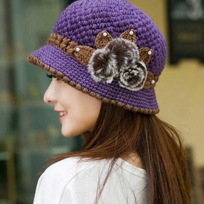 Skullies & Beanies Fashion Women Lady Winter Warm Crochet Knitted Flowers Decorated Ears Hat - Purple - CL186W24OAZ $11.11