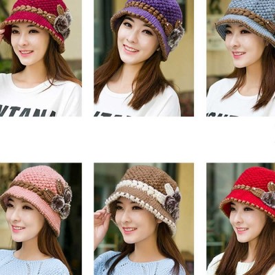 Skullies & Beanies Fashion Women Lady Winter Warm Crochet Knitted Flowers Decorated Ears Hat - Purple - CL186W24OAZ $11.11